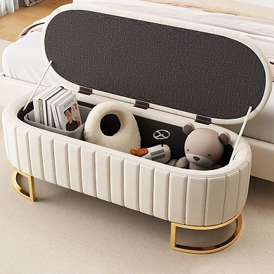 Velvet Storage Ottoman with Button Tufting and Metal Legs