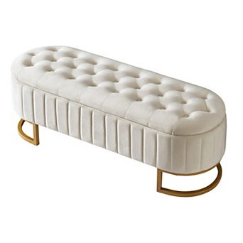 Velvet Storage Ottoman with Button Tufting and Metal Legs