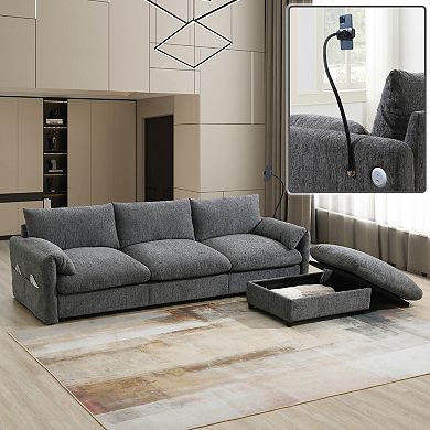Whisen Chenille Sectional Sofa with Storage Ottoman & Pockets, Phone Holder & Charging Ports