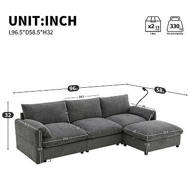 Whisen Chenille Sectional Sofa with Storage Ottoman & Pockets, Phone Holder & Charging Ports