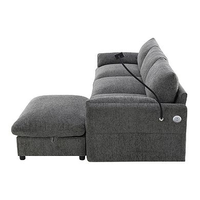 Whisen Chenille Sectional Sofa with Storage Ottoman & Pockets, Phone Holder & Charging Ports