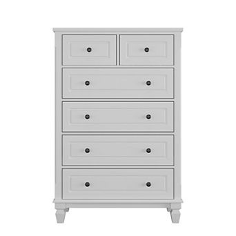 White Modern 6 Drawers Vertical Dresser with Sturdy Legs and Metal Handles
