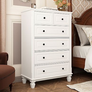 White Modern 6 Drawers Vertical Dresser with Sturdy Legs and Metal Handles