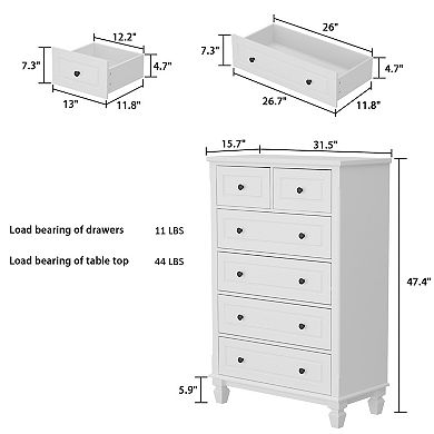White Modern 6 Drawers Vertical Dresser with Sturdy Legs and Metal Handles