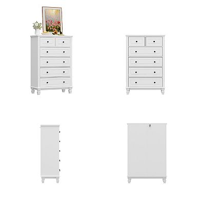 White Modern 6 Drawers Vertical Dresser with Sturdy Legs and Metal Handles