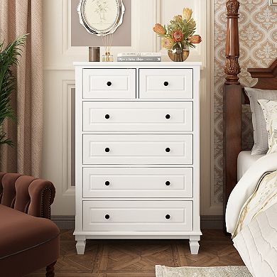 White Modern 6 Drawers Vertical Dresser with Sturdy Legs and Metal Handles