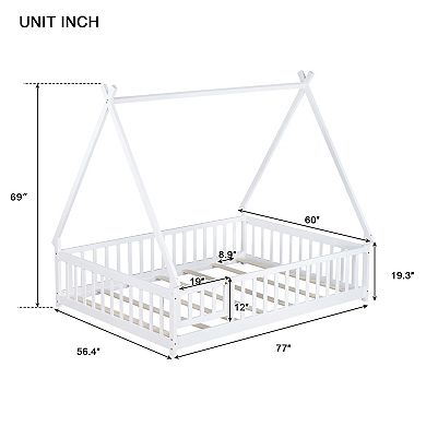 Whisen Tent-shaped Floor Bed with Guardrails, Slats and Door
