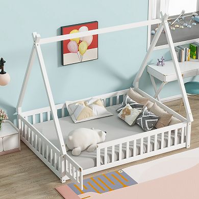 Whisen Tent-shaped Floor Bed with Guardrails, Slats and Door