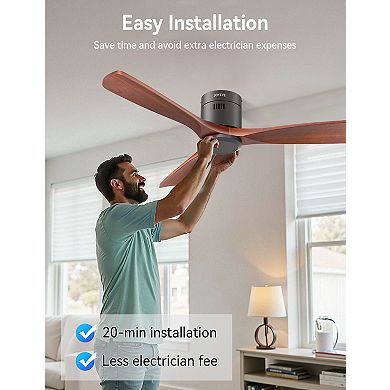 Akofun Flush Mount Ceiling Fan with Remote 52 Inch, DC Motor, 3 Wood Blades, 6-Speed, Timer