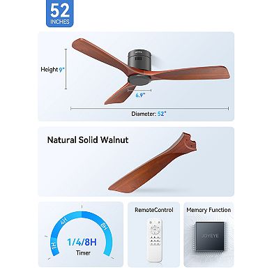 Akofun Flush Mount Ceiling Fan with Remote 52 Inch, DC Motor, 3 Wood Blades, 6-Speed, Timer