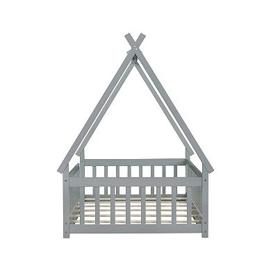 Whisen Twin Tent-shaped Floor Bed with Guardrails, Slats