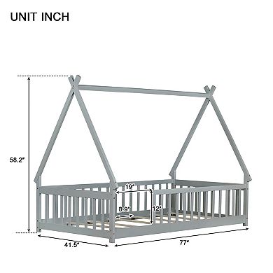 Whisen Twin Tent-shaped Floor Bed with Guardrails, Slats