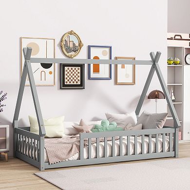 Whisen Twin Tent-shaped Floor Bed with Guardrails, Slats