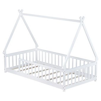 Whisen Twin Tent-shaped Floor Bed with Guardrails, Slats