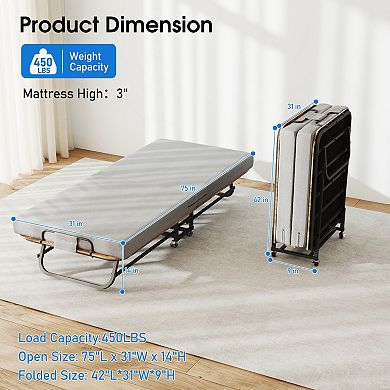 Folding Bed with 3" Memory Foam Mattress, Metal Frame and Lockable Wheels