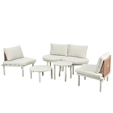 Whisen 6-Piece Half Moon Outdoor Sofa Set with 2 High-Low Coffee Tables, Pillows & Cushions