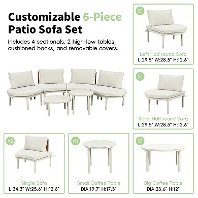 Whisen 6-Piece Half Moon Outdoor Sofa Set with 2 High-Low Coffee Tables, Pillows & Cushions