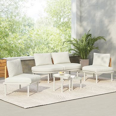 Whisen 6-Piece Half Moon Outdoor Sofa Set with 2 High-Low Coffee Tables, Pillows & Cushions