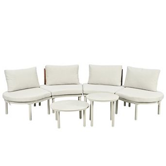 Whisen 6 pc Half Moon Outdoor Sofa Set with 2 High-Low Coffee Tables, Pillows & Cushions