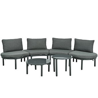 Whisen 6 pc Half Moon Outdoor Sofa Set with 2 High-Low Coffee Tables, Pillows & Cushions