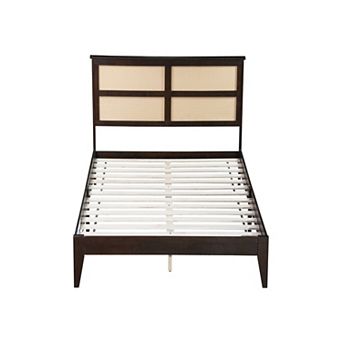 Lufeiya Queen Size Solid Wood Platform Bed with Rattan Headboard, No Box Spring Needed