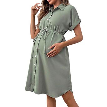 Women's Button Down Shirt Dress Collar Short Sleeve Cruved Hem Shirt Dress Tunic Dress with Belt