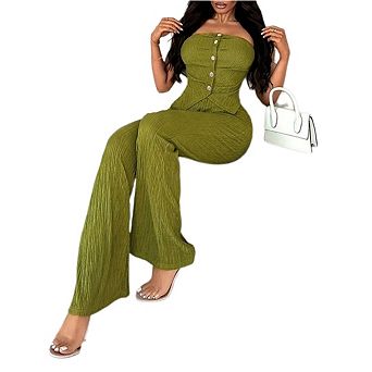Women 2 pc Sets Button Decoration Off Shoulder Tube Tops and High Waist Wide Leg Pants
