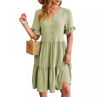 Women's V-Neck Half Neck Pleated Dress Ruffle Sleeve Loose Swing Dress Elastic Waist Midi Dress