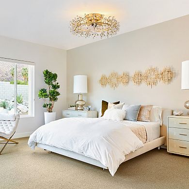 23" Contemporary Gold 4-Light Crystal Low-Profile Flush Mount Ceiling Fan with Remote