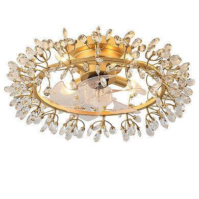 23" Contemporary Gold 4-Light Crystal Low-Profile Flush Mount Ceiling Fan with Remote