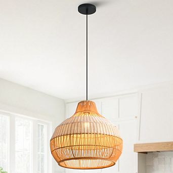 17" Bohemian Round Woven Wicker Adjustable Pendant Hanging Light for Dining Room
