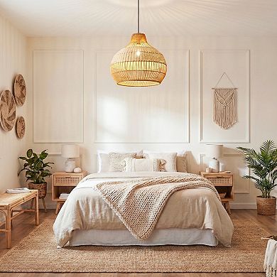 17" Bohemian Round Woven Wicker Adjustable Pendant Hanging Light for Dining Room