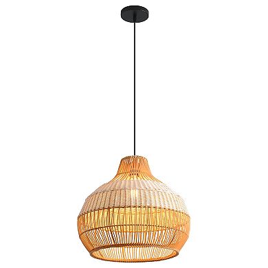17" Bohemian Round Woven Wicker Adjustable Pendant Hanging Light for Dining Room