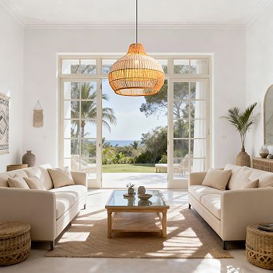 17" Bohemian Round Woven Wicker Adjustable Pendant Hanging Light for Dining Room