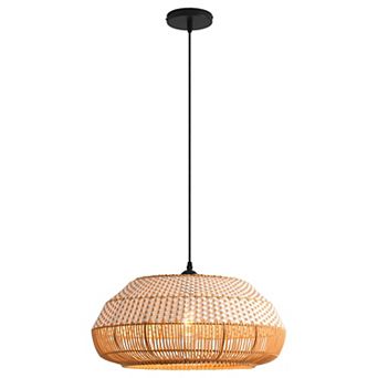 19" Bohemian Coastal Natural Handwoven Rattan Round 1-Light Adjustable Chandelier