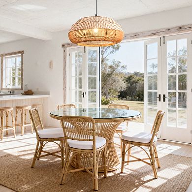 19" Bohemian Coastal Natural Handwoven Rattan Round 1-Light Adjustable Chandelier