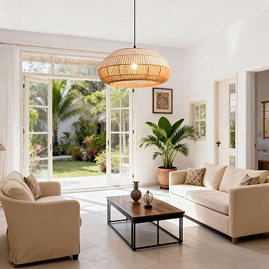 19" Bohemian Coastal Natural Handwoven Rattan Round 1-Light Adjustable Chandelier