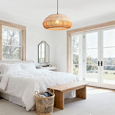 19" Bohemian Coastal Natural Handwoven Rattan Round 1-Light Adjustable Chandelier