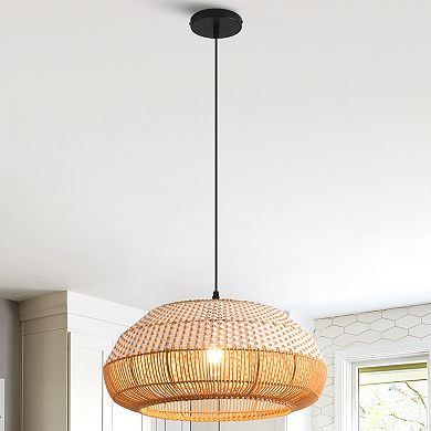 19" Bohemian Coastal Natural Handwoven Rattan Round 1-Light Adjustable Chandelier