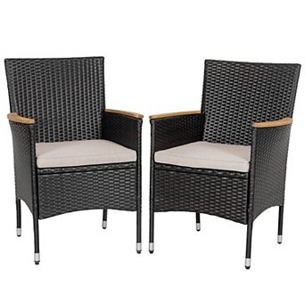 Patio Metal Chairs Set of 2 with Cushions, Handwoven Wicker, Acacia Wood Armrests, Black and Beige