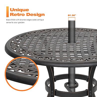 Outdoor Round Cast Aluminum Dining Table with 1.96'' Umbrella Hole, Black with Gold-painted Edge