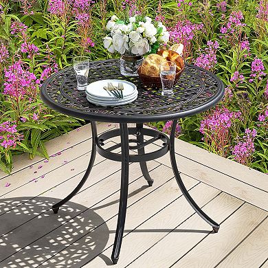 Outdoor Round Cast Aluminum Dining Table with 1.96'' Umbrella Hole, Black with Gold-painted Edge