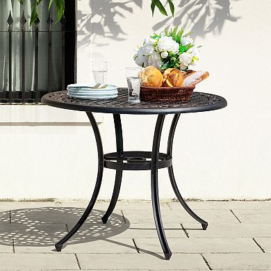 Outdoor Round Cast Aluminum Dining Table with 1.96'' Umbrella Hole, Black with Gold-painted Edge