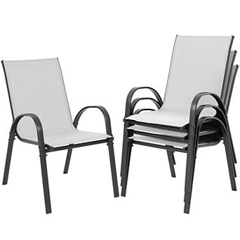 Patio 4 pc Textilene and Metal Dining Chairs with Armrests and Stackable Design, Gray and Black