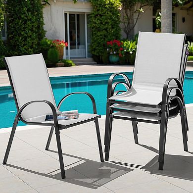Patio 4-Piece Textilene and Metal Dining Chairs with Armrests and Stackable Design, Gray and Black