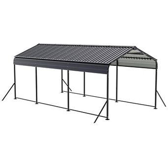 Metal Carport 15 x 10 FT with Reinforced Frame, Windproof Ground Anchors, Dark Gray and Black