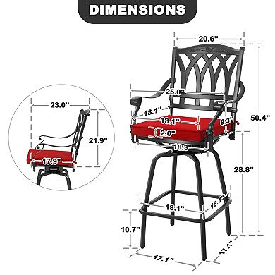 2-Piece Patio Cast Aluminum Swivel Bar Stool Set with Removable Olefin Cushions, Black and Red