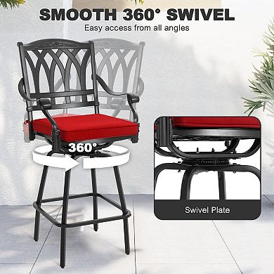 2-Piece Patio Cast Aluminum Swivel Bar Stool Set with Removable Olefin Cushions, Black and Red