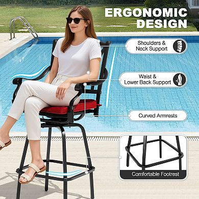 2-Piece Patio Cast Aluminum Swivel Bar Stool Set with Removable Olefin Cushions, Black and Red