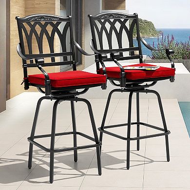 2-Piece Patio Cast Aluminum Swivel Bar Stool Set with Removable Olefin Cushions, Black and Red